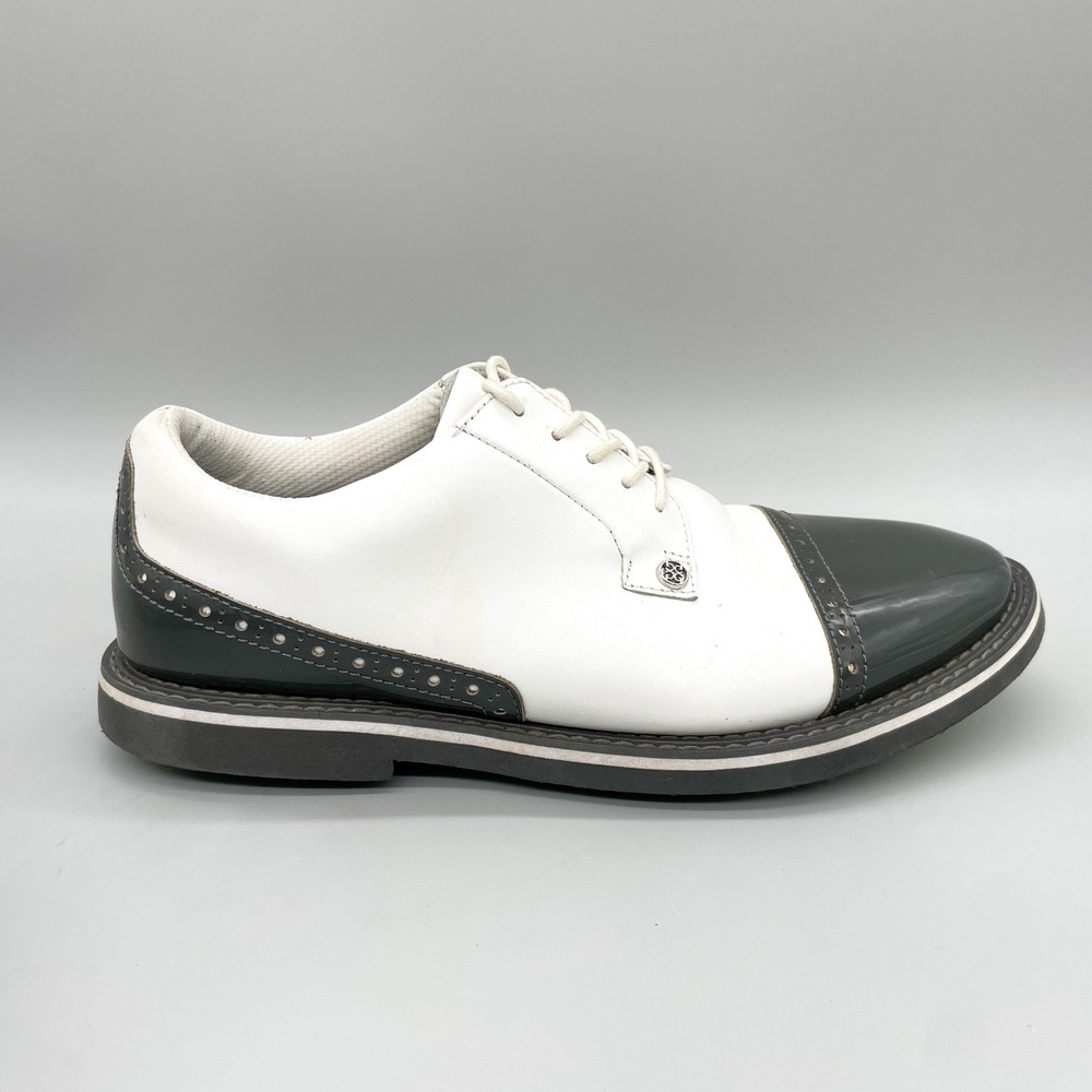 G/FORE Gallivanter Golf Shoes Mens 10.5 White Grey Patent Leather Brogue Cap Toe
